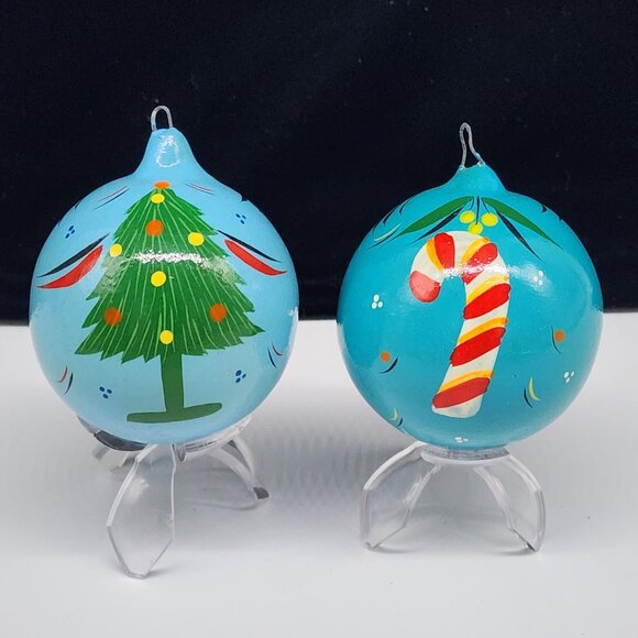 Hand Painted Wooden Balls Christmas Ornaments Candy Cane & Tree Designs - Picture 1 of 6